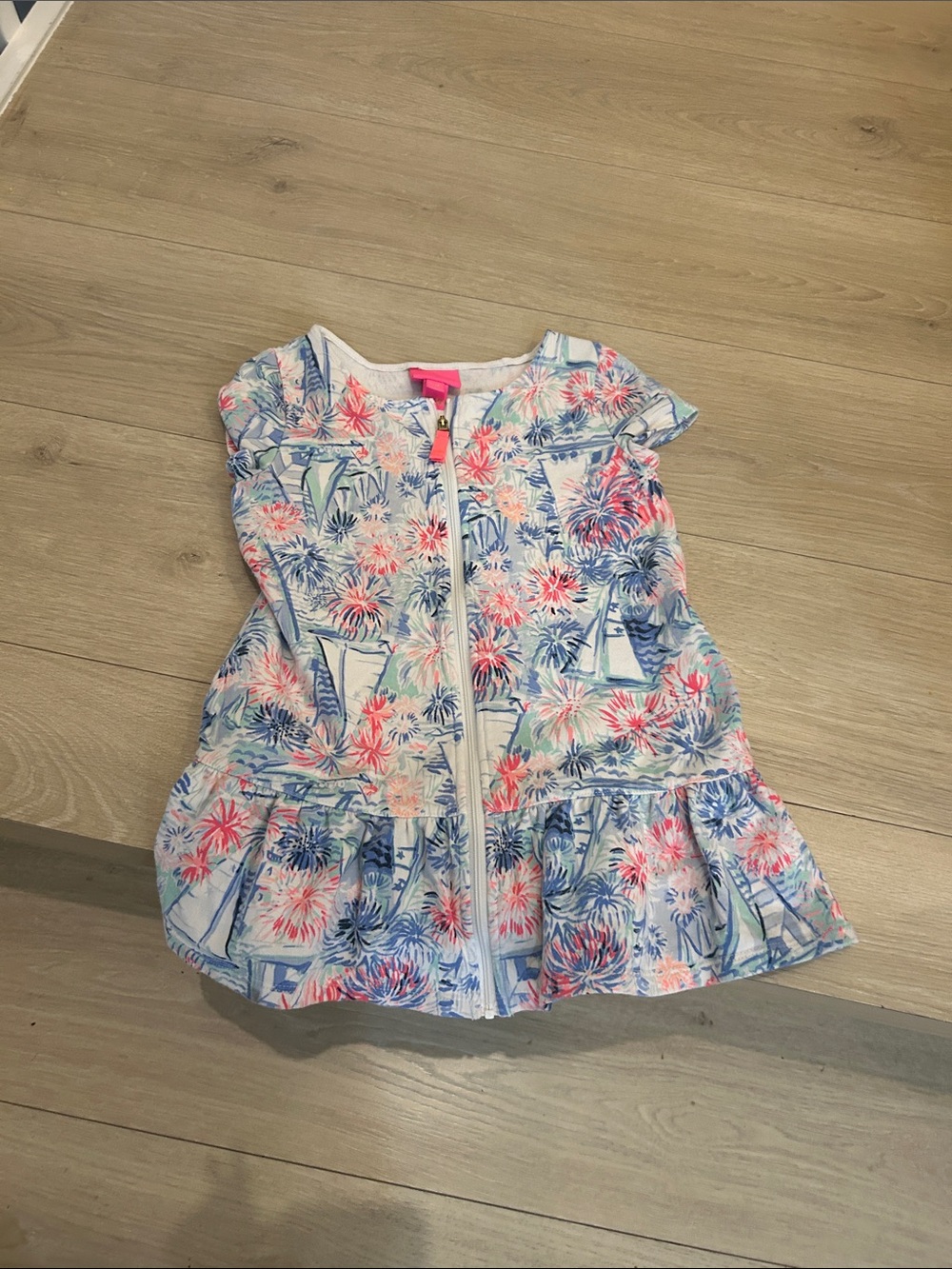 Lily Pulitzer Girls Floral Sailboat Zip cover up Dress in Light Blue and Pink